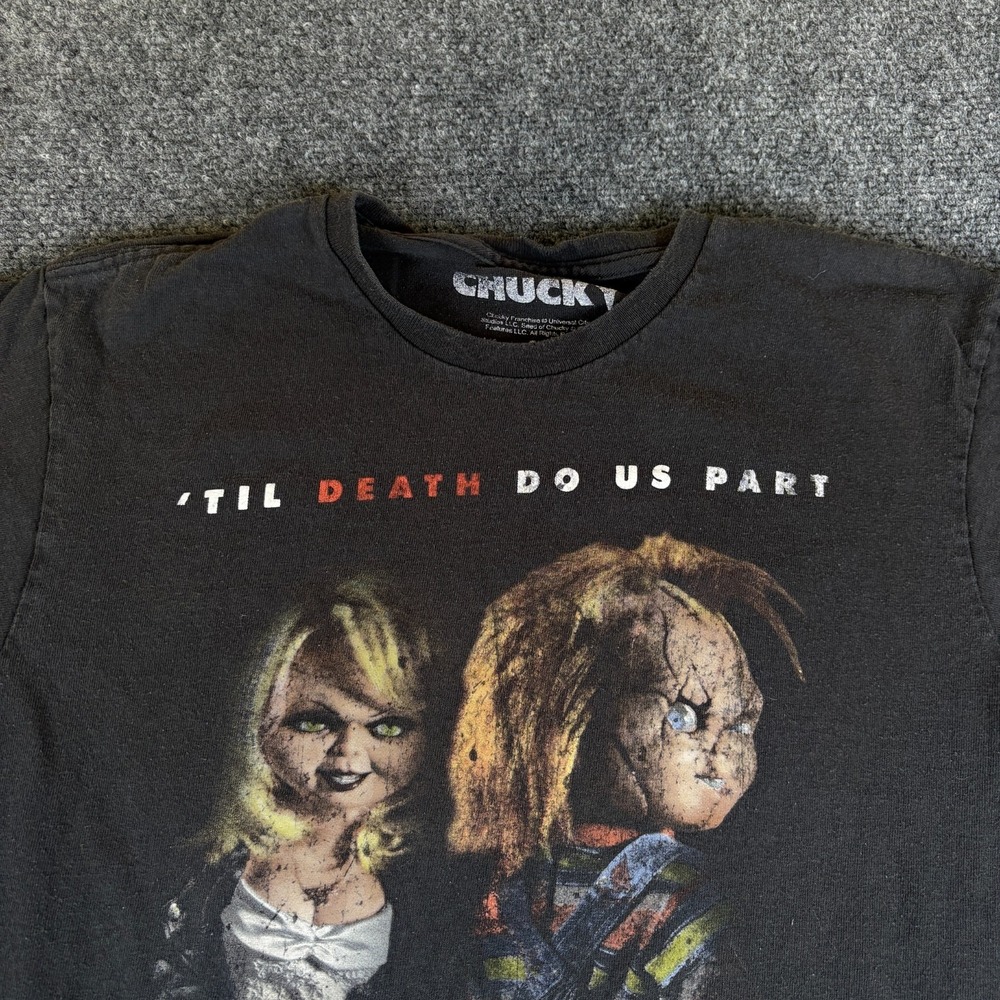 Bride of Chucky T-Shirt‎ Mens Medium Charcoal Gray Cotton Til Death Do Us Part